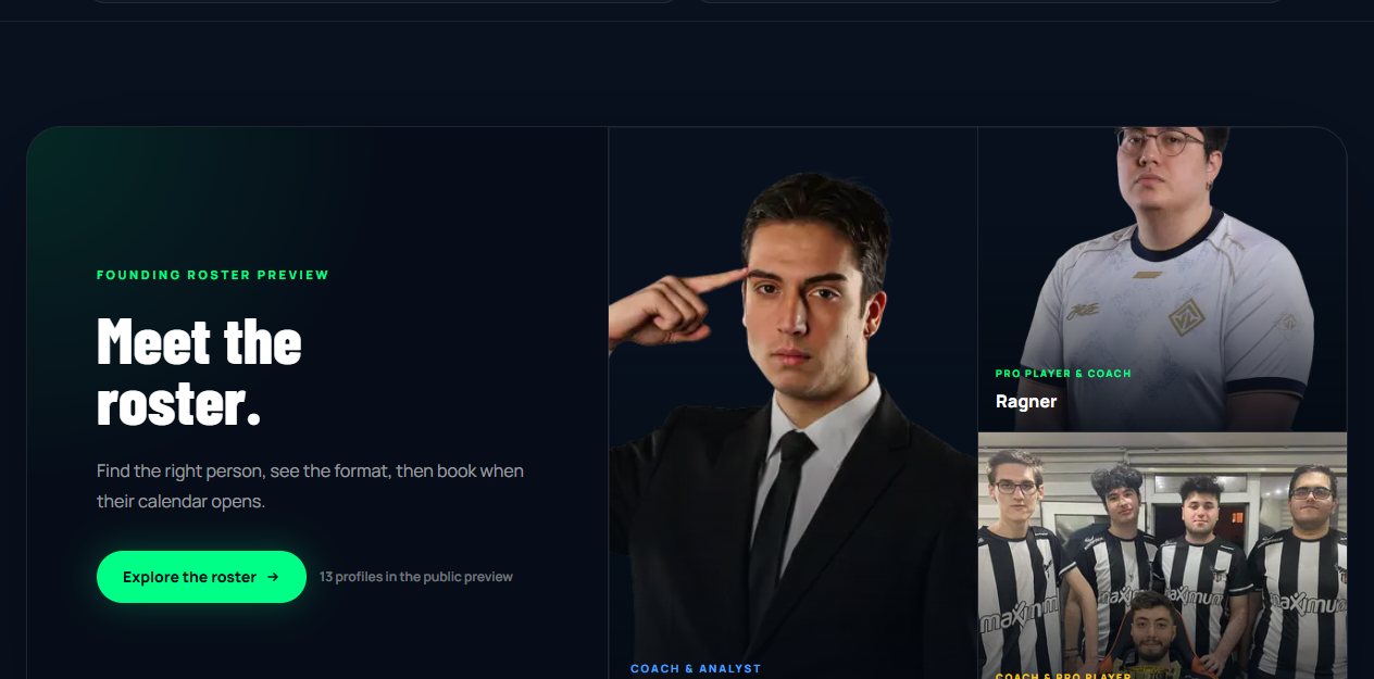 GamingCenter founding roster featuring coaches and professional players