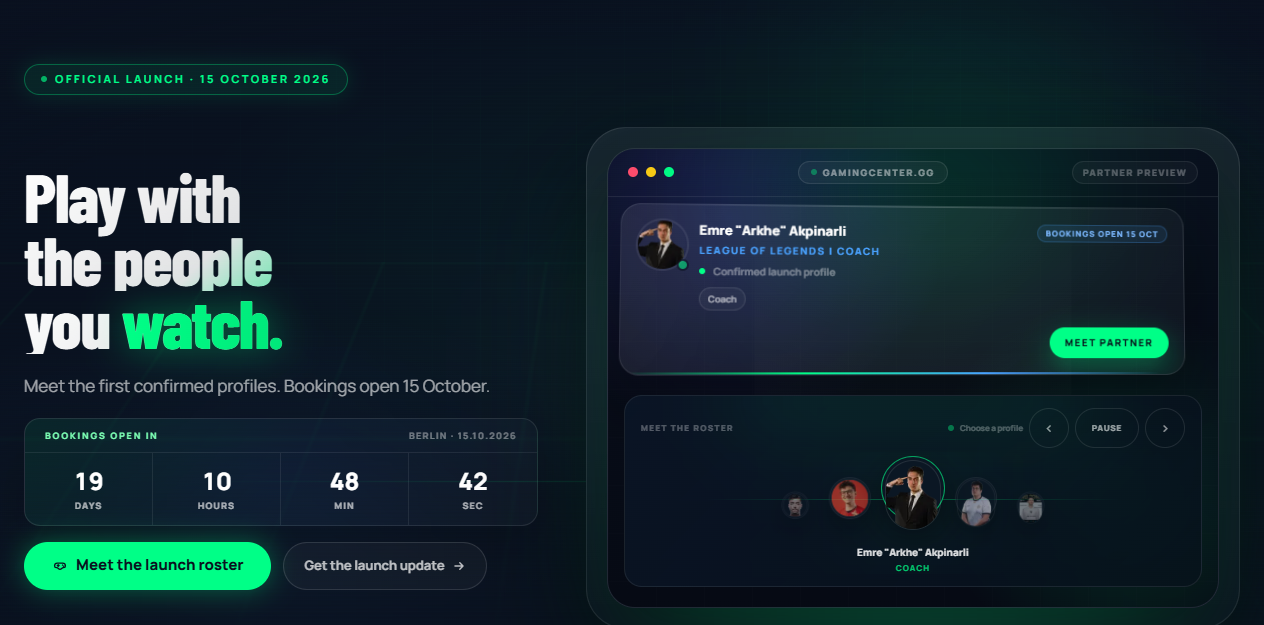 GamingCenter live marketplace homepage with confirmed partner preview